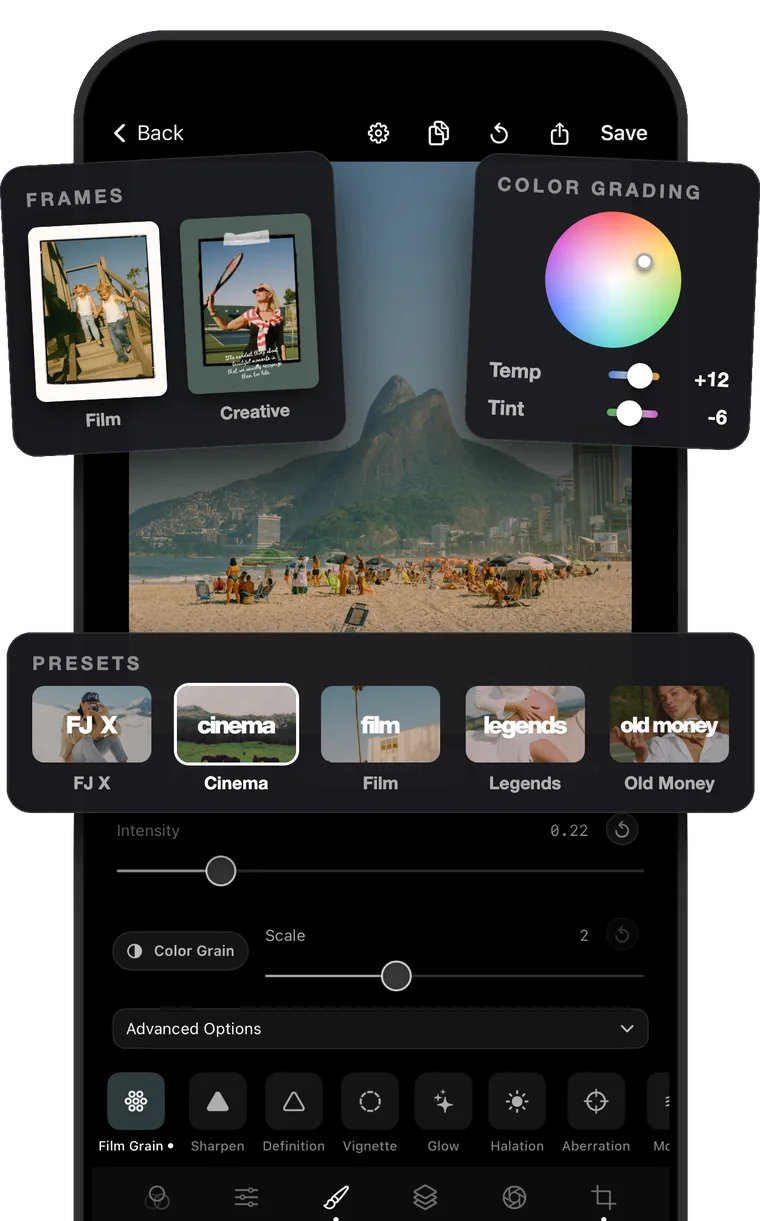 2Shoot photo editor with frames, colour grading and presets